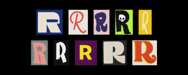 Assorted letter R typography styles, paper cutouts on black background
