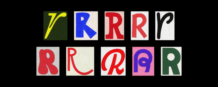 Assorted letter R typography styles, paper cutouts on black background
