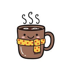 Sweet Steaming Mug With Scarf Icon. It depicts a delightful, warm cup, radiating comfort and joy. This cheerful illustration symbolizes cozy autumn and winter moments.