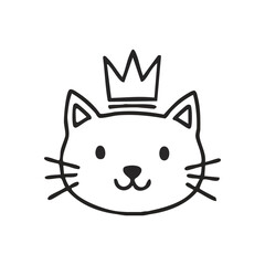 Adorable Crowned Kitten Drawing. Charming minimalist feline artwork features a happy pet wearing a majestic headpiece. This simple graphic conveys playful royalty and pampered companion.