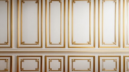 Elegant interior wall featuring intricate gold moldings and panels, showcasing classic design elements