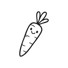 Cheerful Carrot Line Art. An adorable hand drawn vegetable sketch featuring a joyful, smiling face. It symbolizes healthy eating and simple happiness for all ages.