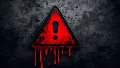 A red triangular warning sign with an exclamation mark dripping with blood against a dark, grungy wall.