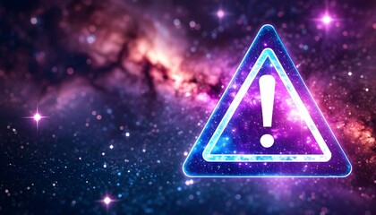 A glowing blue triangular warning sign with an exclamation mark is superimposed on a vibrant, star-filled nebula in deep space.