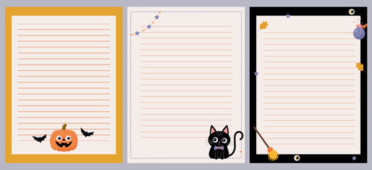 Page templates with lines and decorative frames for Halloween. Perfect for party invitations, children's notes, stationery, and seasonal crafts.