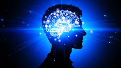 Obraz premium Silhouette head with glowing brain and blue light effects human mind