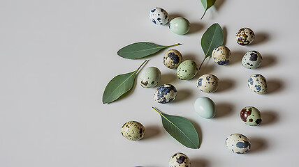 Speckled quail eggs and eucalyptus leaves scattered on a pale surface speckled eggs green leaves