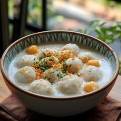 Savory Thai Rice Balls in Coconut Milk Topped with Crispy Garlic and Chives