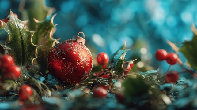 warm red ball nestled among lush greenery on a blue winter backdrop ornaments christmas