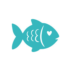 Cute Blue Fish with Heart Eye Icon. This charming marine animal illustration features a small loving emblem, symbolizing joy and ocean friendship. A playful design perfect for children's themes.
