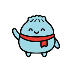 Friendly Waving Dumpling Character. A sweet cyan steamed bun with a happy countenance and scarlet kerchief offers a welcoming gesture, representing cheer and inviting vibes.