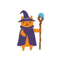 Charming Cat Mage with Magic Staff. This delightful illustration features an orange kitten in a mystical costume, wielding a glowing crystal wand, symbolizing wonder and spellcasting.