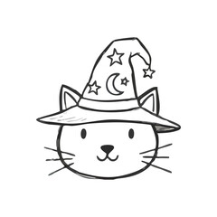 Cute Cat Head in Witch Hat. An adorable kitten character sports a pointy sorcerer headwear with stars and a moon. It symbolizes charm, enchantment, and playful seasonal fun.