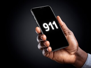 Close-up of a hand holding a modern smartphone with the glowing '911' emergency number on a dark screen.