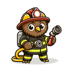 Fototapeta premium Adorable owl firefighter ready for action holding hoses, perfect for educational materials and children's content, promoting safety and bravery in a charming way