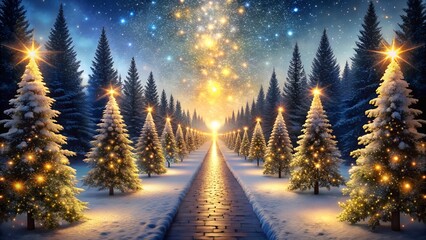 Magical winter forest path lined with illuminated christmas trees