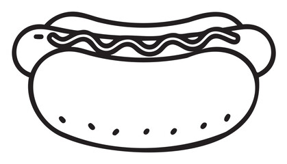 Fototapeta premium Black and white hot dog line art with bun and wavy toppings - stock vector