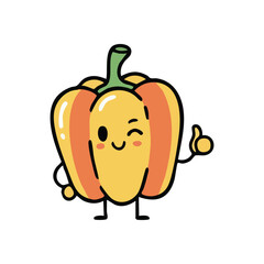 Happy Capsicum Gives Positive Sign. This joyful produce icon winks, presenting an upbeat hand gesture. It symbolizes health, wellness, and cheerful affirmation for success.