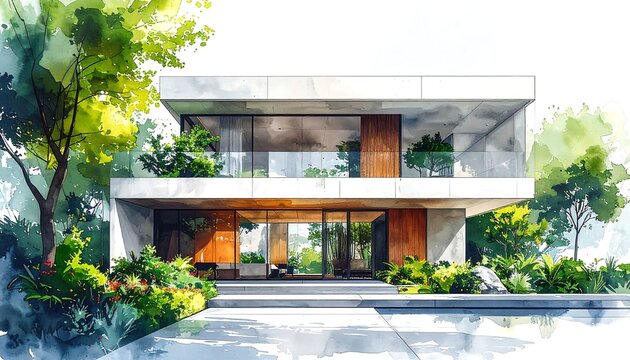 Fototapeta Watercolor illustration depicting a modern, two-story home with large glass windows, wooden accents, and lush greenery surrounding it
