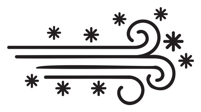 Wind icon with swirling lines and snowflakes illustrating winter breeze - stock vector
