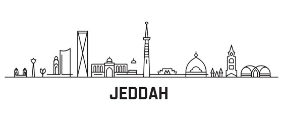 Jeddah Line Art skyline horizontal banner. Jeddah, Saudi Arabia. with white background