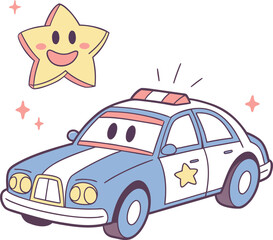 Whimsical police car and happy star illustration for children's designs isolated on transparent background © abdur