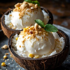 Thai Coconut Ice Cream with Sticky Rice and Cashew Nuts in a Natural Coconut Shell