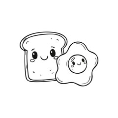 Happy Toast and Egg Duo. This cheerful drawing portrays a delightful slice of bread and a fried egg, joyfully paired. It evokes feelings of friendship and comfort, perfect for morning themes.