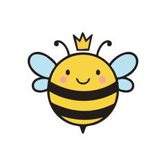 Cute Crowned Bee Character Illustration. An endearing graphic of a happy bumblebee adorned with a tiny diadem. This joyful insect signifies nature's sweetness, royalty, and charm.