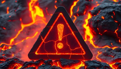 A cracked, glowing red hazard warning sign with an exclamation mark surrounded by molten lava and volcanic rock.
