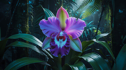 Vibrant purple orchid blooming in lush jungle foliage pink green