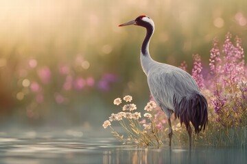 Naklejka premium elegant crane standing in shallow water surrounded by blooming wildflowers, Soft golden hour lighting with warm reflections on water