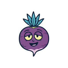 Grinning Violet Root Vegetable. A charming graphic of a cheerful beetroot character. Its relaxed, friendly demeanor suggests organic wellness and playful healthy eating.