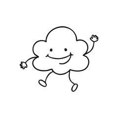 Happy Waving Cloud Cartoon Drawing. A delightful outline illustration of an anthropomorphic cumulonimbus with a joyful expression, raising an arm. Evokes cheerfulness and childlike wonder.