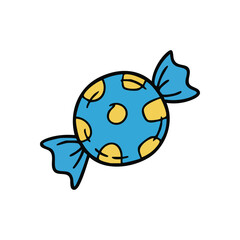 Cute Wrapped Sweet Treat Illustration. A delightful blue confection featuring yellow spots. This playful doodle symbolizes happiness, childhood, and simple sugary pleasures.