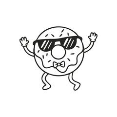 Sweet Donut Dude with Shades. A delightful pastry wearing fashionable eyewear and a tie, exhibiting a fun, celebratory mood. Perfect for cheerful designs and food themes.