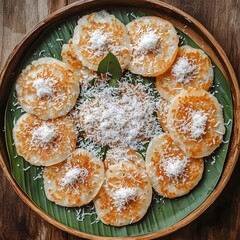 Authentic Thai Coconut-Rice Pancakes (Kanom Krok) on Rattan and Wood Background
