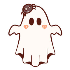 Cute Ghost with Spider on Head – Funny Halloween Cartoon Illustration