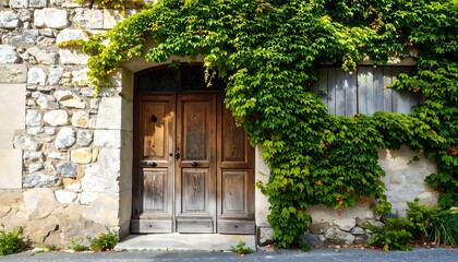Rustic stone building with wooden door and ivy