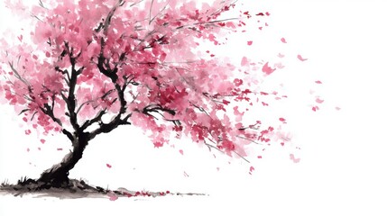 Fototapeta premium A vibrant cherry blossom tree stands with delicate pink flowers gently swaying in the breeze on a peaceful spring day. The scene is full of life and tranquility.