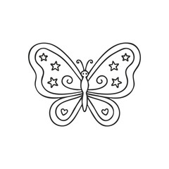 Whimsical Butterfly Doodle Outline. Delightful insect sketch with charming stars and hearts on wings. Represents metamorphosis, happiness, and natural elegance in a playful, artistic style.