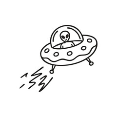 Cosmic Visitor in UFO Doodled Design. Playful graphic depicting a friendly extraterrestrial piloting a spacecraft. This simple artwork evokes imagination, adventure, and galactic mysteries.