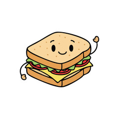Cheerful Animated Sandwich Icon. This delightful meal character smiles and waves, embodying healthy eating and joy. A charming depiction of a fresh, tasty snack.