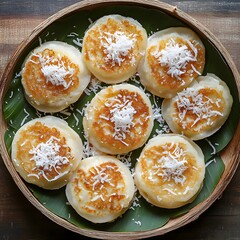 Top View of Thai Coconut-Rice Pancakes (Kanom Krok) Topped with Shredded Coconut