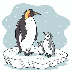 Cute penguin family standing together on an ice floe with falling snow isolated on transparent background