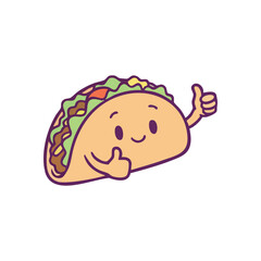Cheerful Taco Mascot Gives Thumbs Up. This vibrant food illustration features a content Mexican shell icon, expressing strong approval with dual hand gestures, representing positivity and triumph.