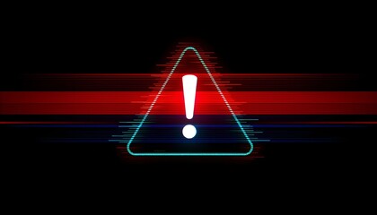 A glowing triangular warning sign with an exclamation mark, set against a dark background with red and blue digital glitch effects.