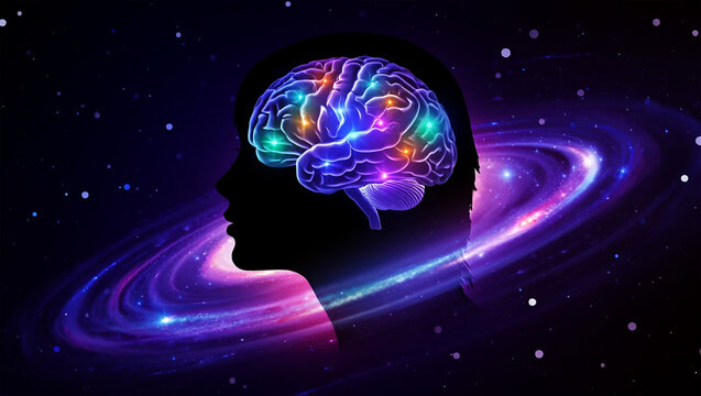 Silhouette profile with glowing cosmic brain and galaxy head mind