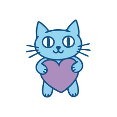 Cute Blue Cat Cradling a Heart. This sweet kitten softly holds a violet symbol of affection. The delightful creature represents warmth, caring, and heartfelt devotion.