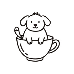 Cute Puppy in a Teacup Outline. Adorable cartoon doggy perched playfully within a warm mug, symbolizing charming comfort and tiny companionship. This sweet black and white sketch is perfect for kid.